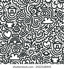 Funny monochrome seamless pattern - Artistic doodle style art background for wrapping paper or wallpaper. Modern minimalistic design with basic shapes.