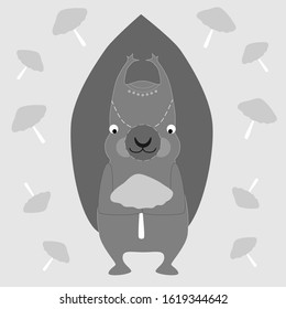 Funny monochrome Squirrel with mushrooms 