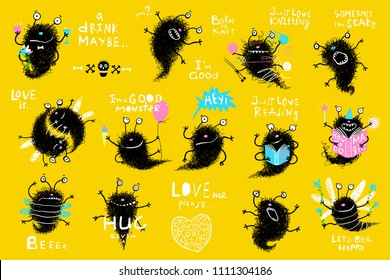 Funny Monster Actions Big Bundle Clip Art. Collection of cute kids hand drawn monsters designer clip art. Vector cartoon.