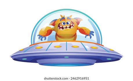 Funny monster alien riding ufo. Vector cartoon illustration isolated on white background