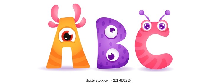 Funny Monster alphabet with cute abc letters. 3D hand drawn font for invitation card, Happy Birthday, decor. Vector cartoon illustration for children