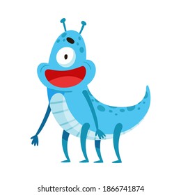 Funny Monster with Antenna Standing and Smiling Vector Illustration