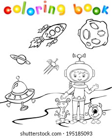 Funny monster with astronaut. Coloring book