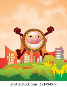 funny monster attacking city