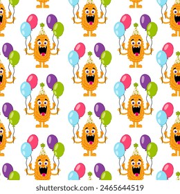 Funny monster with balloons in flat style on a white background. Birthday, holiday, congratulation. Kids cartoon character. Pattern for textile, wrapping paper, background.