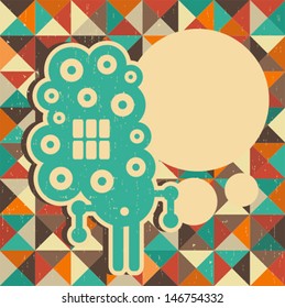 Funny monster with banner for your text. Vector illustration with retro background.