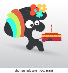 Funny monster with birthday cake. Vector illustration