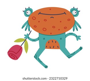 Funny Monster with Bulging Eye Holding Rose Flower Vector Illustration