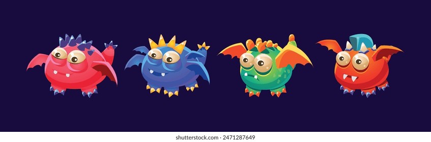 Funny Monster with Bulging Eyes and Wings Vector Set
