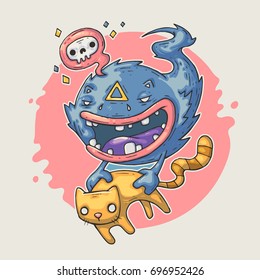 Funny monster with cat. Vector cartoon illustration for print and web
