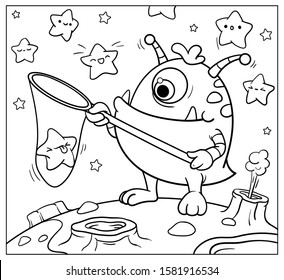 Funny monster caught the star. Coloring for children. Cartoon vector illustration.