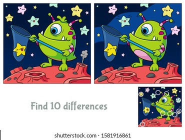 Funny monster caught the star. Find 10 differences. Educational game for children. Cartoon vector illustration.