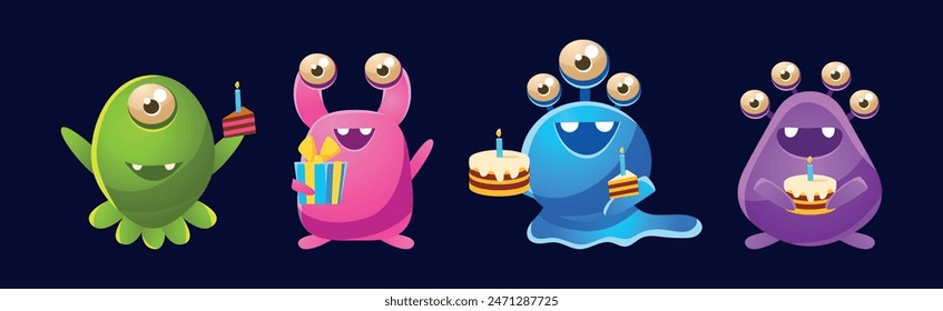 Funny Monster Celebrate Birthday Holiday Vector Set