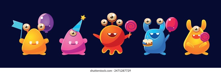 Funny Monster Celebrate Birthday Holiday Vector Set
