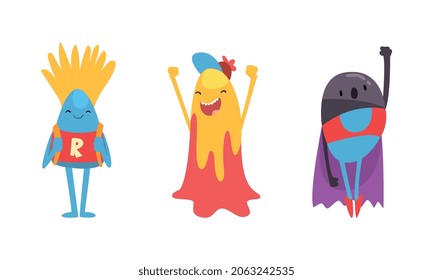 Funny Monster Character with Backpack and in Superhero Cloak Vector Set