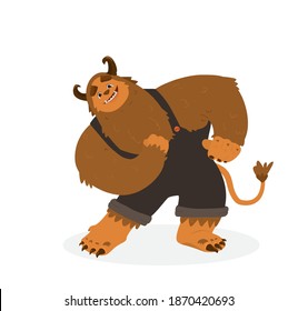 Funny Monster Character Design Cartoon Vector Illustration. Big Fluffy Smiling Monster With Tail And Horns  In Overall In Dancing Pose. Isolated On White.