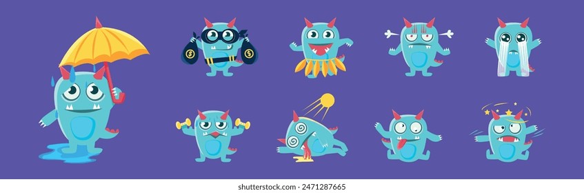 Funny Monster Character Engaged in Different Activity Vector Set