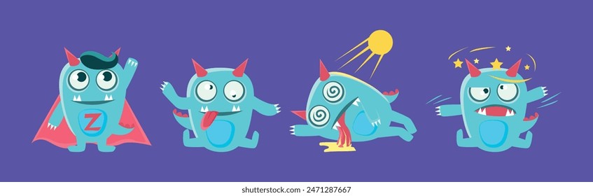 Funny Monster Character Engaged in Different Activity Vector Set