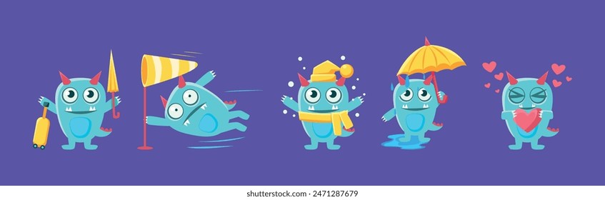 Funny Monster Character Engaged in Different Activity Vector Set