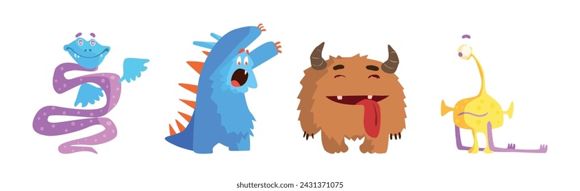Funny Monster Character with Horn and Wing Vector Set