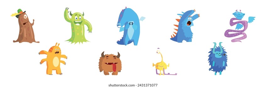 Funny Monster Character with Horn and Wing Vector Set