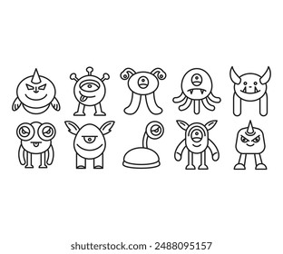 funny monster character line icons set