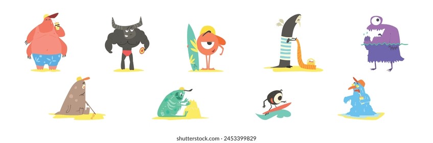 Funny Monster Character On The Beach Sunbathing Vector Set