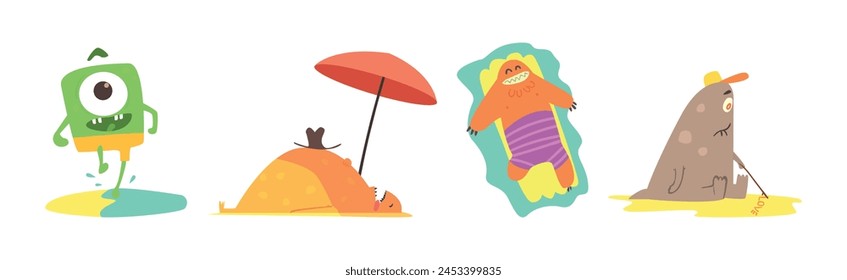 Funny Monster Character On The Beach Sunbathing Vector Set