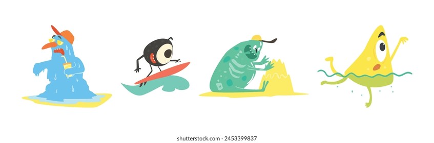 Funny Monster Character On The Beach Sunbathing Vector Set
