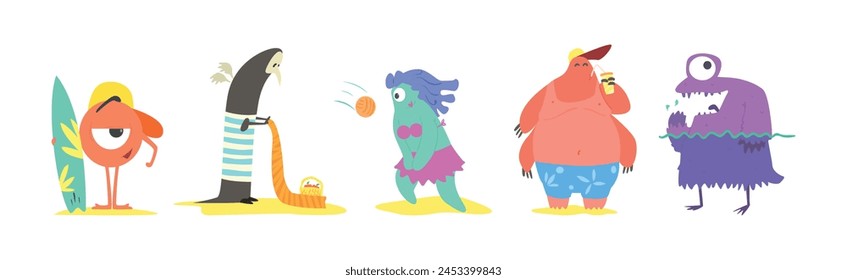 Funny Monster Character On The Beach Sunbathing Vector Set