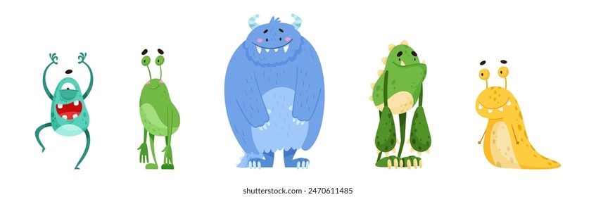 Funny Monster Character as Toothy and Hairy Mutant with Friendly Face Vector Set