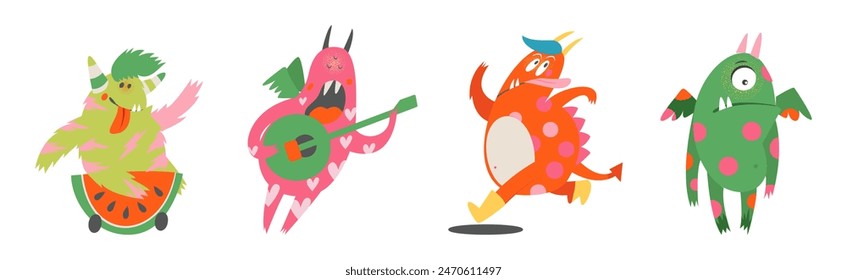 Funny Monster Character as Toothy and Hairy Mutant with Friendly Face Vector Set