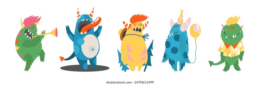 Funny Monster Character as Toothy and Hairy Mutant with Friendly Face Vector Set