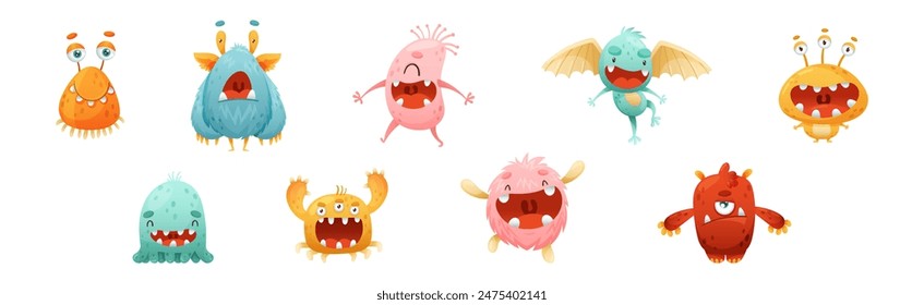 Funny Monster Character as Toothy and Hairy Mutant with Friendly Face Vector Set