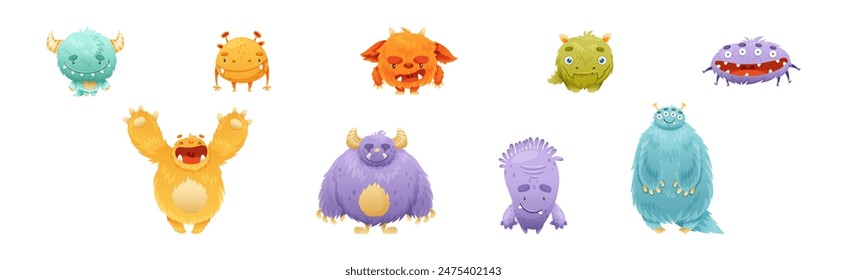 Funny Monster Character as Toothy and Hairy Mutant with Friendly Face Vector Set