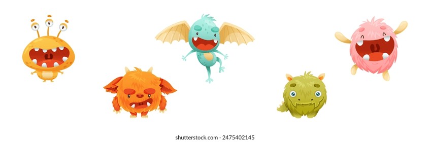 Funny Monster Character as Toothy and Hairy Mutant with Friendly Face Vector Set