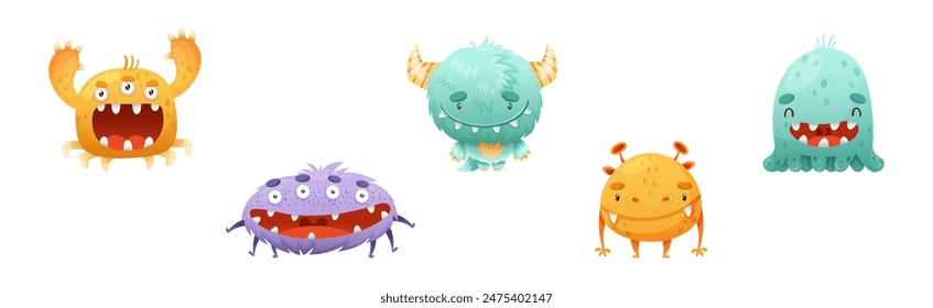 Funny Monster Character as Toothy and Hairy Mutant with Friendly Face Vector Set