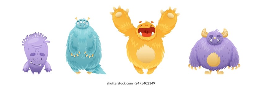 Funny Monster Character as Toothy and Hairy Mutant with Friendly Face Vector Set