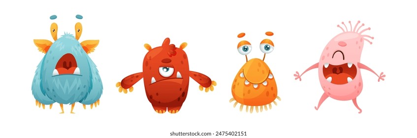 Funny Monster Character as Toothy and Hairy Mutant with Friendly Face Vector Set