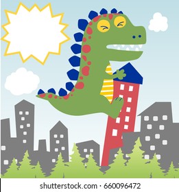 funny monster climb a building, vector cartoon illustration