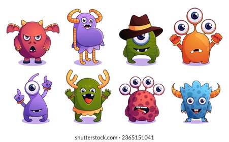 Graciosa colección de monstruo. Un monstruo cómico lindo se enfrenta a expresiones graciosas, criaturas alienígenas de diferentes colores y tamaños. Juego aislado de vectores criatura de caracteres, animal alienígena en la ilustración de halloween