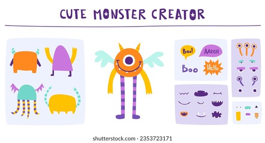 Funny monster constructor for kids. Custom cartoon monster creator from parts. Vector set of cute beast elements.