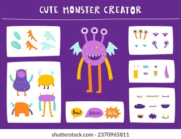 Un constructor monstruo gracioso para los niños. Creador de monstruo de dibujos animados personalizados de partes. Conjunto vectorial de elementos bestia.