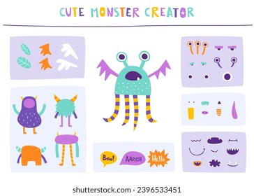 Funny monster constructor for kids. Custom cartoon monster creator from parts. Colorful vector set of beast elements.