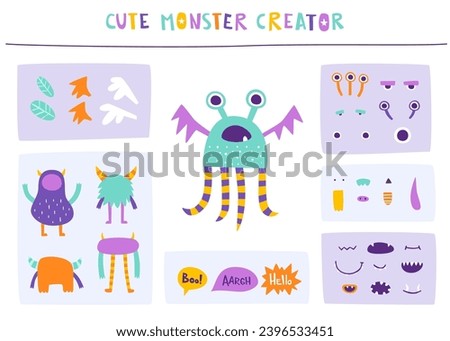 Funny monster constructor for kids. Custom cartoon monster creator from parts. Colorful vector set of beast elements.