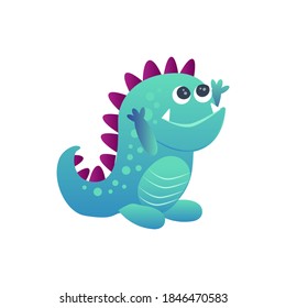 Funny monster. Cute blue dragon that looks like a dinosaur. Cartoon vector illustration. Isolated on white
