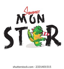 Funny monster dino surfer rides on Cartoon character. Background vector illustration for print.