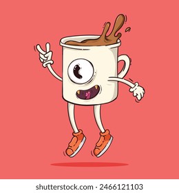 Funny monster doodle coffee cup character. Vector hand drawn  splash of black coffee.