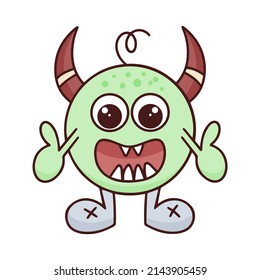 Funny monster doodle style isolated vector illustration. Single baby character. Fictional little man with horns and big teeth cartoon