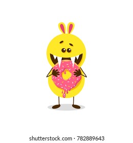 Funny monster eating donut. Vector illustration with toy on a white background. 